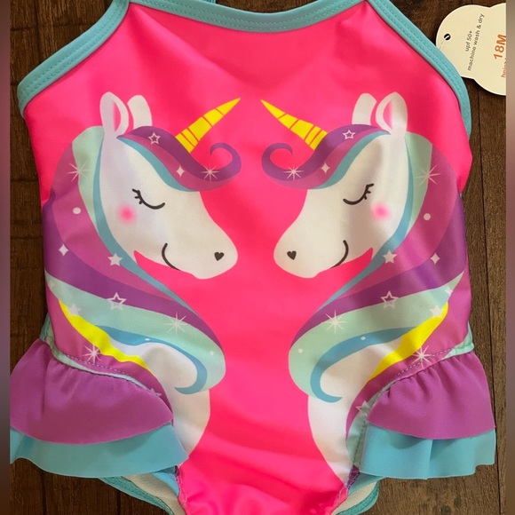 NWT toddler girl one piece bathing swim suit unicorn ruffle 18 months - Picture 2 of 4